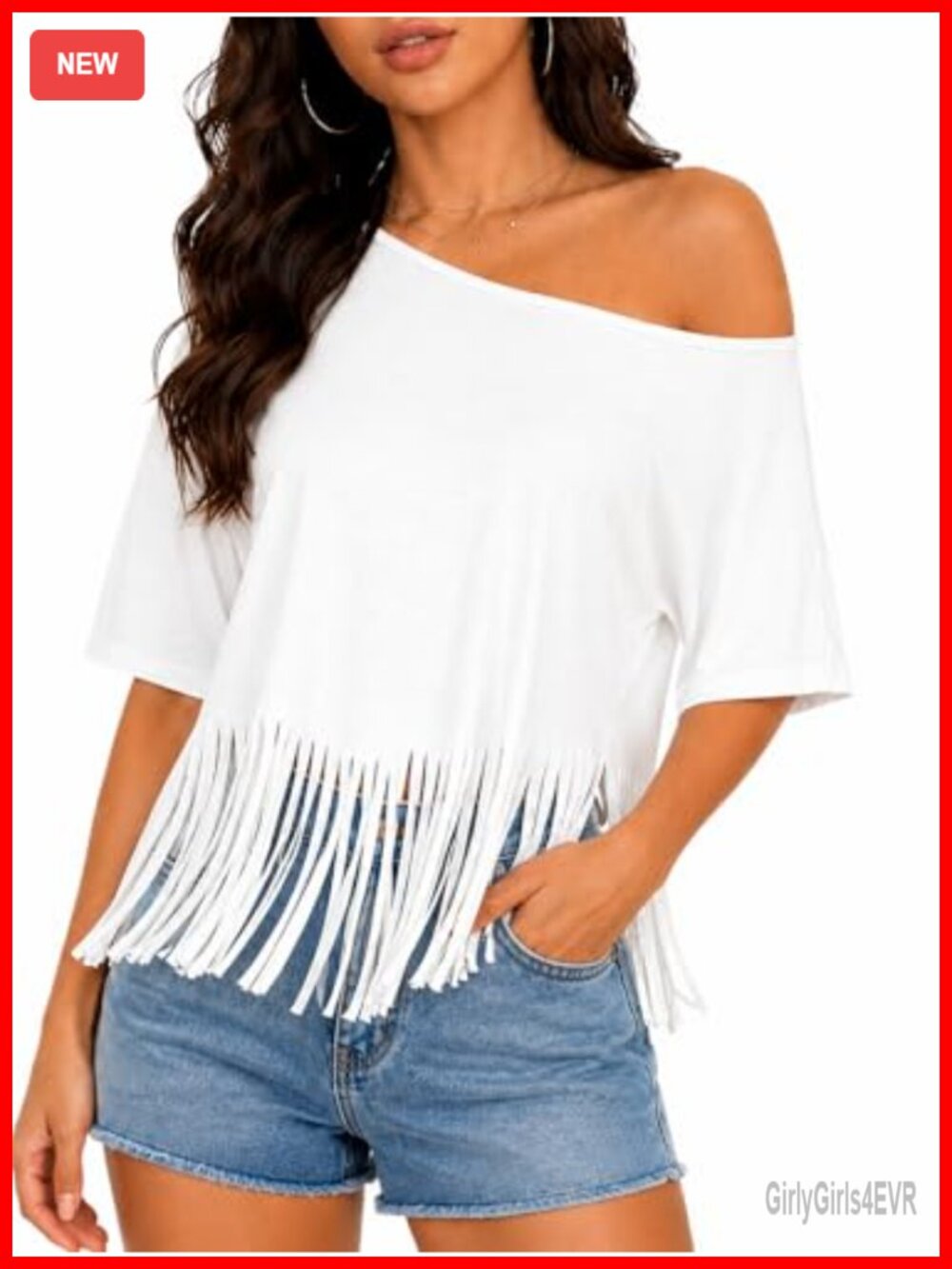 Fringe Off Shoulder Crop Top Asymmetrical One Shoulder Tee